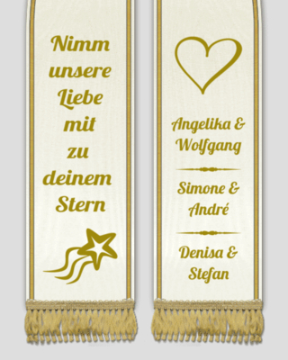 eine Trauerschleife in der Farbe creme mit der Aufschrift: "Nimm unsere Liebe mit zu deinem Stern"